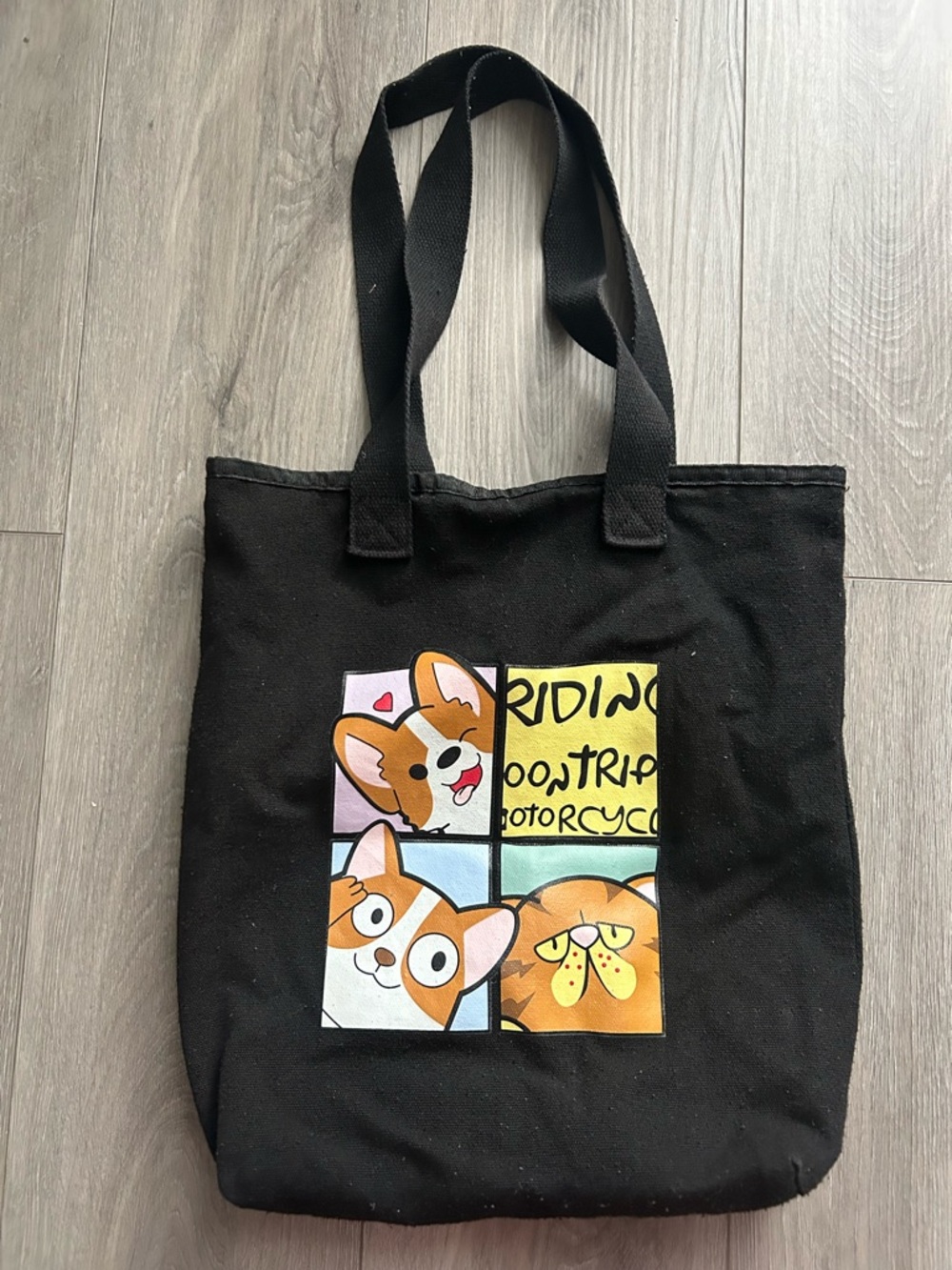 Black Canvas Tote Bag with Cartoon Corgi Panel